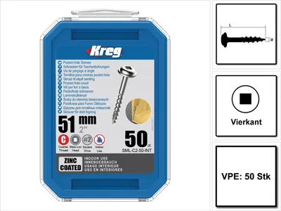 Produktbild von KREG Pocket-Hole Linsenkopfschraube 51 mm 50 Stk ( SML-C2-50 ) Vierkantantrieb Teilgewinde Grobgewinde selbstschneidend verzinkt