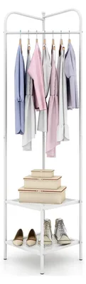 Produktbild von Eck-Garderobenständer aus Metall, freistehender Kleiderständer mit oberem Haken und 2 Mesh-Regalen, Eckgarderobe für Flur, Eingangsbereich, Schlafzimmer (Weiß)
