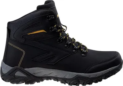 A black hiking boot with gray accents and yellow laces is shown against a white background.