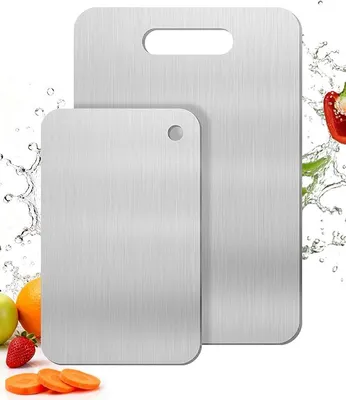 Produktbild von PolkaHome® Set von 2 Edelstahl-Schneidebrettern, doppelseitig, BPA-frei, professionelles Schneidebrett für Fleisch, Brot, Gemüse und