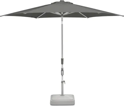 A gray patio umbrella with a square base, shown against a white background.