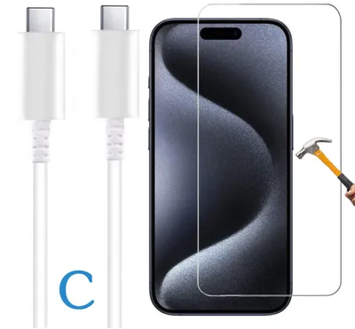 Produktbild von ino 2in1 Set Schutzglas + USB-Kabel für iPhone 15 Panzerglas Schutzfolie Panzerfolie Displayschutzglas Schutz Glasfolie Displayglas 9H Glas