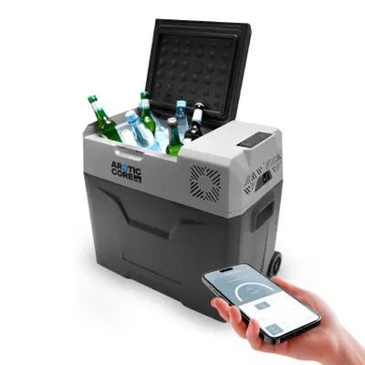 Produktbild von Belko® ArcticCore Kompressor Kühlbox 50L – elektrische Kühl- & Gefrierbox – 12/24V & 100–240V – große tragbare Camping Kühltruhe – grau