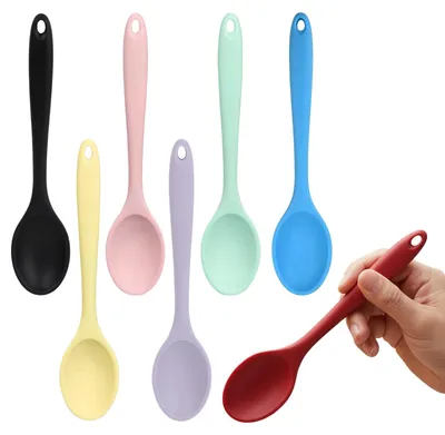 Image de Cuillères de cuisine en silicone - Spatules antiadhésives avec long manche - Pour la cuisson, le mélange et la pâtisserie - Lot de 7, couleurs variées