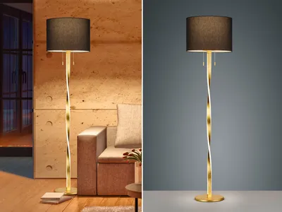 Image de Lampadaire LED NANDOR avec abat-jour en tissu noir et structure éclairée