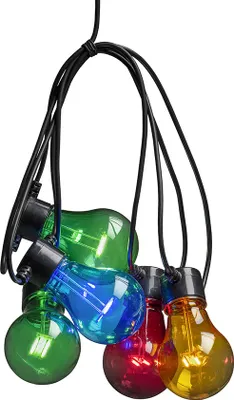 Produktbild von Konstsmide - LED Biergartenkette, bunt, mit 6h Timer , 5 bunte Birnen / 40 warm weiße Dioden, batteriebetrieben, Außen (IP44) , schwarzes Kabel, 4 x AA 1.5V (exkl.)
