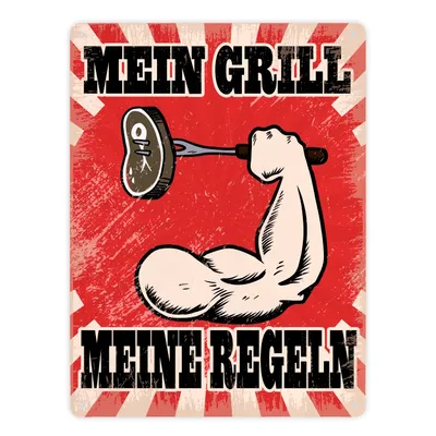 Produktbild von Mein Grill Meine Regeln Metallschild XXL mit Arm, Grillspieß, Fleisch,