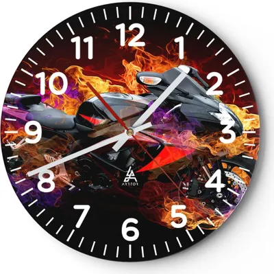 Produktbild von Wanduhr - Rund - Glasuhr - Motorrad Feuer Abstraktion - 30x30cm - Schleichendes Uhrwerk - Lautlos - zum Aufhängen bereit - Dekoration Modern - Wanddekoration aus Glas - C4AR30x30-0177