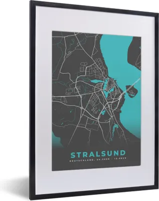 Produktbild von MuchoWow® Gerahmtes Poster Stadtplan - Deutschland - Blau - Stralsund- Karte 30x40 cm - Poster mit Schwarzem Bilderrahmen Wandposter Rahmen Foto Bilder - Wandposter Schlafzimmer