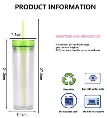 Produktbild von 450 ml transparenter, doppelwandiger Strohhalmbecher mit farbigem Deckel, doppelwandiger Wasserbecher mit Strohhalm