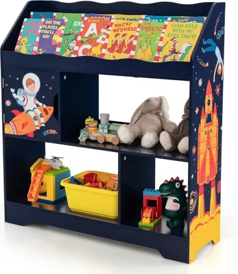 Produktbild von DREAMADE Kinderregal, Spielzeugregal mit 3-fach Bücherregal & Schrank & 3 Ablage, Aufbewahrungsregal mit Raketen-&Astronautenmuster&Kippschutz, blau