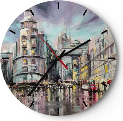 Produktbild von Wanduhr - Rund - Glasuhr - Stadt Straße Haus - 40x40cm - Schleichendes Uhrwerk - Lautlos - zum Aufhängen bereit - Dekoration Modern - Wanddekoration aus Glas - C3AR40x40-3440