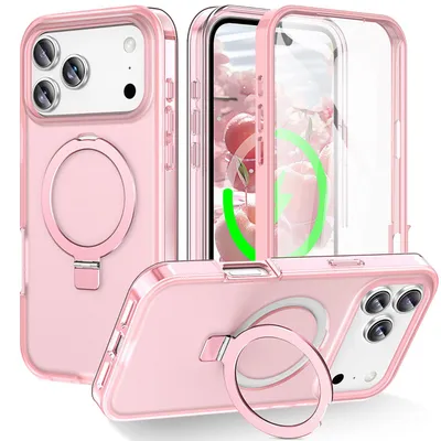 Produktbild von Für Apple iPhone 17 Pro Max Frosted Skin Feel MagSafe Ring Halterung 360-Grad Hülle Rosa