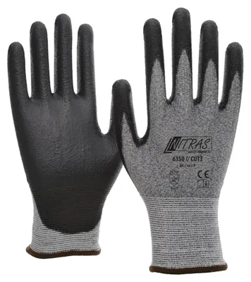 Produktbild von 10x NITRAS CUT3, Schnittschutzhandschuhe, Spezialgarn, grau, PolyurethanBeschichtung, schwarz, teilbeschichtet auf Innenhand und Fingerkuppen, Strickbund, hoher Schnittschutz, höchster Tragekomfor| Packung (10 Paare)