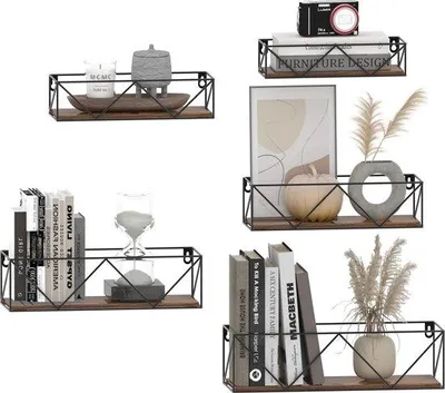 Produktbild von Famanu Wandregal Set 5-teilig - W-förmige Holzregale mit schwarzen Metallhaltern