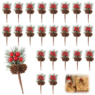 Künstliche Tannenzweige 24er Set mit Beeren, Weihnachtsdeko