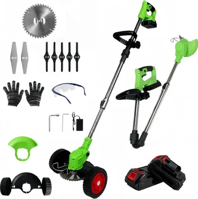 Produktbild von Akku-Rasentrimmer 21V mit 2 Akku und Ladegerät,Faltbarer Unkrautfresser, 3 Arten Klinge, Teleskop-Stiel & Zusatzhandgriff, mit Rädern für Rasen,Garten