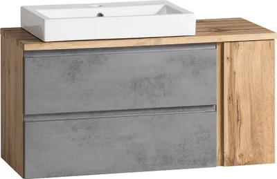 Produktbild von Waschtisch mit Keramik-Aufsatzbecken links VASTO-03-CONCRETE in Wotan Eiche Nb. mit Beton Optik, B/H/T ca. 105/65,5/47 cm