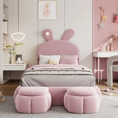 Produktbild von Flieks Polsterbett Kinderbett 90x200cm mit 2 Sitzbank, Einzelbett Jugendbett Holzbett mit Led, Bett mit Kaninchenohrenförmigem Kopfteil, Samt, Rosa