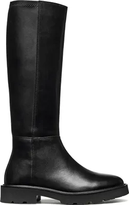 A studio shot of a single black boot.