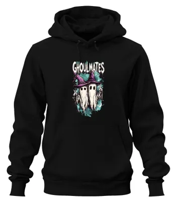 Productafbeelding van Ghoulmates Halloween: Spoken, geesten, paar, heksenenhoed, vintage, uni, hoodie, zwart, 3XL