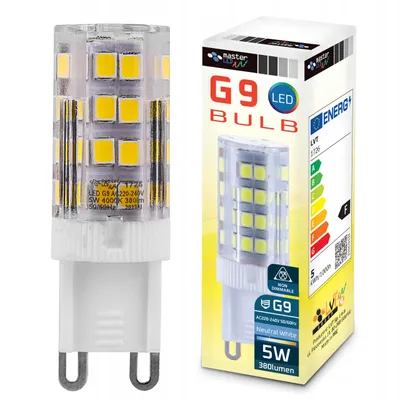 A product shot of an LED light bulb and its packaging.