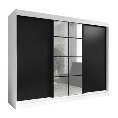 Produktbild von Oravelle 200 cm Weiß / Schwarz 3-türiger Kleiderschrank mit Spiegel, 4 Schubladen und Kleiderstangen – Funktionalität und Eleganz!