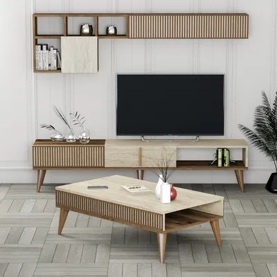 Image de Skye Decor, Milan - Noyer, travertin, ensemble de meubles de salon, 180 x 40 x 35 cm, 100 % PANNEAUX DE PARTICULES MÉLAMINÉS