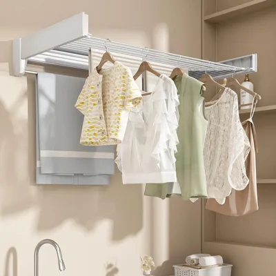Image de Séchoir à linge mural - Séchoir à linge - 5 barres - Pliable - Extensible - Peu encombrant - Capacité de charge de 27 kg - Pour la salle de bain, le balcon, l'intérieur