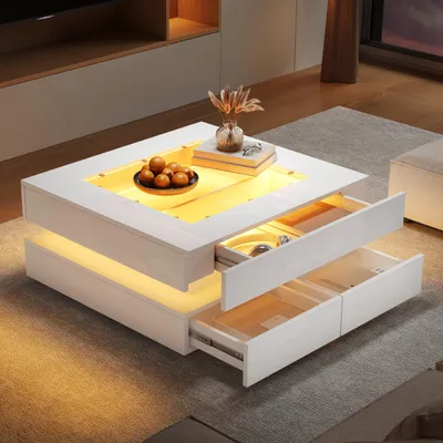 Image de Table basse LED Merax avec plateau en verre, table d'appoint table de salon avec 3 tiroirs, table basse moderne pour les petites pièces, blanc brillant