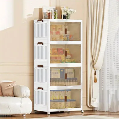 Image de Armoire de rangement pliable - Armoire en plastique - 4 niveaux - Avec roulettes - Pour salon - 111x55x26 cm