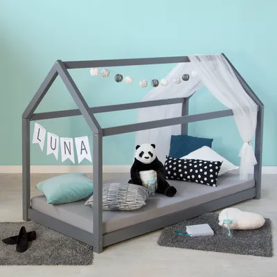 Produktbild von Homestyle4u 1853, Hausbett Kinderbett 90x200 Grau mit Lattenrost Kinder Bett Haus Holz Kiefer