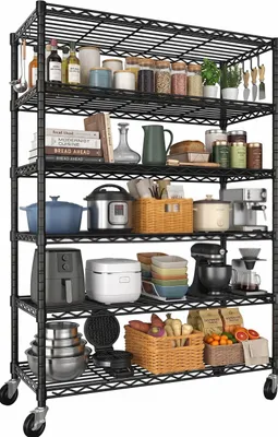 Image de Étagère robuste sur roulettes, 6 niveaux, étagère métallique réglable en hauteur, capacité de charge de 544 kg, dimensions 117 x 46 x 208 cm, idéale pour garage et cuisine, étagère à grilles, couleur noire