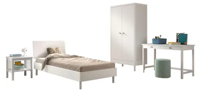 Produktbild von Einzelbett Set 90x200 Keeley Buche Weiß Massivholz Schrank Tisch