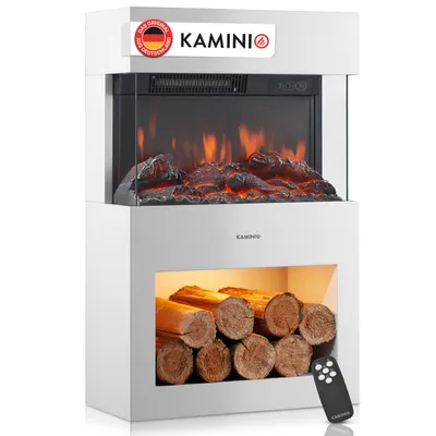 Produktbild von KAMINIO Elektrokamin HENRI - Elektrischer Kaminofen mit Heizung, 3D-Flammeneffekt, Holzfach, LED-Ambientelicht, Fernbedienung - Weiß, KI-generiertes Bild