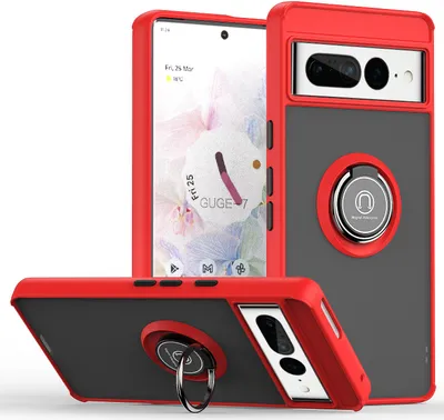 Produktbild von Google Pixel 7 Pro Hülle, Ring Halter Ständer Matte Transluzent TPU Rahmen Stoßfest Schutzhülle für Google Pixel 7 Pro Rot