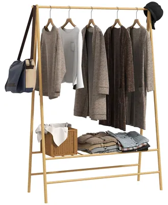 Produktbild von Bambus-Kleiderständer mit Schuhregal und Haken, freistehend, für Eingangsbereich, Schlafzimmer, Naturholz