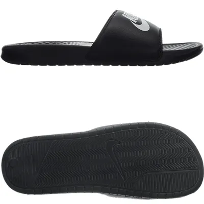 A top-down and bottom view of a black Nike slide sandal.