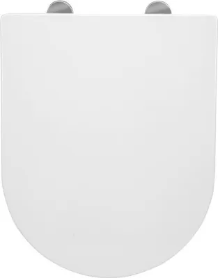 A top-down view of a white toilet seat with two silver hinges at the top.