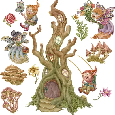 Produktbild von Wandaufkleber Kinderzimmer – Wandsticker für Baby & Kinder – Selbstklebende Wanddekoration – Abnehmbar ohne Rückstände – Deko für Mädchen & Jungen - Feen und Waldtiere in einer pastellfarbenen Umgebung80x83 cm