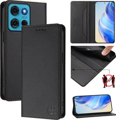 Obrázek produktu pro Kožené pouzdro pro Motorola Moto G75, flipové pouzdro s přihrádkami na karty, peněženkou a stojánkem Černý