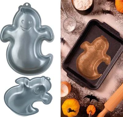Productafbeelding van Halloweenthee-vorm voor taart, geschikt voor feestelijke bakjes, met spookmotief, voor bijvoorbeeld fruittaart, kleur: zilver