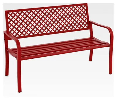 Produktbild von Gartenbank aus Metall, wetterfeste Sitzbank für 2-3 Personen, Parkbank mit Rückenlehne und Armlehnen, belastbar bis 300 kg, Eisenbank für Garten, Terrasse, Balkon, 127 x 62 x 86 cm (Rot)