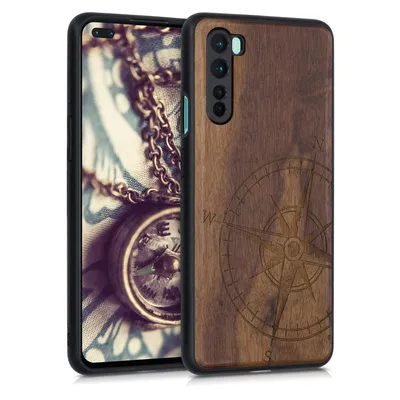 Produktbild von kwmobile Hülle kompatibel mit OnePlus Nord Hülle - Holz Case - Handy Cover - TPU Handyhülle in Dunkelbraun Kompass Vintage