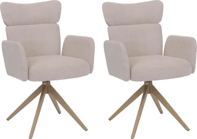 Image de lot de 2 chaises de salle à manger HWC-N11, chaise, pivotante Auto-Return Tissu Bouclé 350g/m² Öko-Tex ~ beige, pieds imitation bois