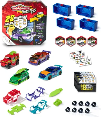 Produktbild von Majorette - Tune Ups Series 1, 4er Set mit 28 Überraschungen, Spielzeugautos aus Metall zum Tunen, 4 von 18 Autos, inkl. Tuning-Zubehör, Sammelboxen und Stickern