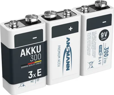 Produktbild von ANSMANN Akku 9V 300mAh E-Block NiMH 1,2V – 1000x wiederaufladbar (3 Stück)
