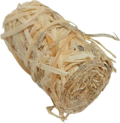 A close-up, isolated shot of a bundle of wood shavings tied together.
