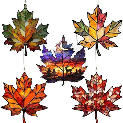Image de 5 décorations en acrylique, feuilles d'érable colorées, décoration murale en acrylique suspendue, décoration d'automne pour la maison, idéale pour Thanksgiving et Halloween
