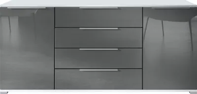 Produktbild von Vladon Sideboard Linio V2 – Moderne Kommode mit 2 Türen & 4 Schubladen, Weiß matt/Grau Hochglanz, 166,5 x 72,5 x 35 cm (BxHxT) – Beistellschrank Anrichte Standschrank